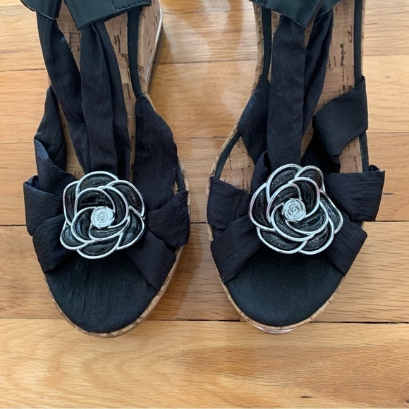 Zigi New York Black Satan Ankle Wrap Wedge Sandals with Silver Rosettes - Picture 3 of 10